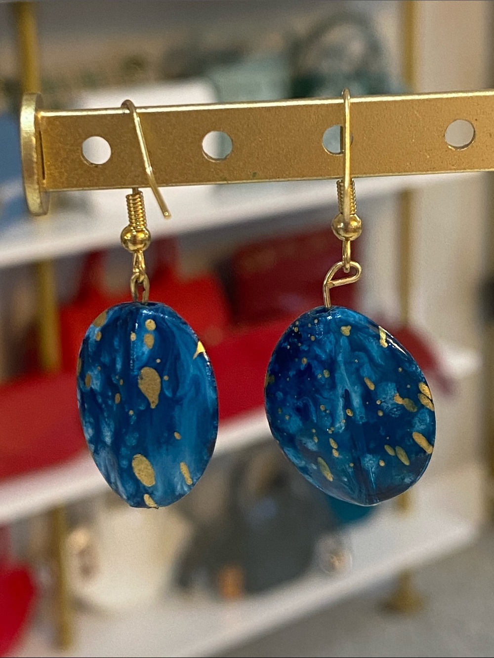 Blue Oval Drop Earrings with Gold Speckle - Picture 5 of 5